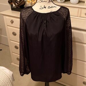 Daisy Fuentes Black Blouse with Sheer Polka Dot Sleeves